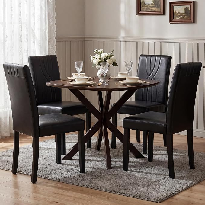 LSSBOUGHT Modern Dining Chair Set of 6,Urban Style Leather Kicthen Chairs with Solid Wood Legs for Dining Room and Restaurant (Black-Quilted backrest)