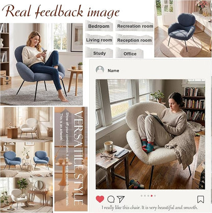 Accent Chair, Accent Chair for Bedroom, Boucle Chair (Blue) | Comfy Bedroom Chair with Love Back and Sturdy And Durable Solid-Wood Frame/ Study Room / Bedroom / Living Room /(Cream Style)