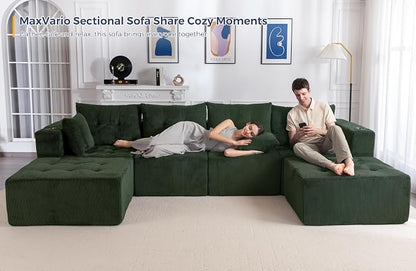 MAXYOYO 129.5" Modular Sectional Sofa Couch, U Shaped Modern Cloud Couch, Sofa in A Box, Tufted 6-Seat Boneless Lounger for Living Room, No Assembly Required, Dark Green