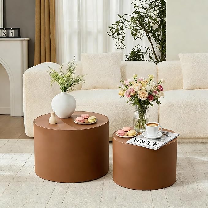 Round Coffee Table Set of 2, Modern Leather Circle Accent Tables, Minimalist Wooden Drum Side Table for Small Spaces Living Room Bedroom Balcony Office. Brown