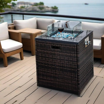 24" Square Propane Gas Fire Pit Table, 50,000 BTU Outdoor Patio Heater with Tile Top, Wicker Base, Blue Glass Beads & Wind-Resistant Glass Guard, Espresso