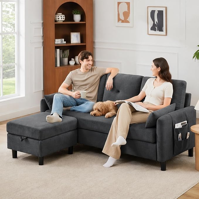 Convertible Sectional Sofa, 77" Small L Shaped 3 Seat Couch with Reversible Storage Chaise, Modern Polyester Fabric Sofa Couches for Living Room, Apartment and Small Space, Dark Grey