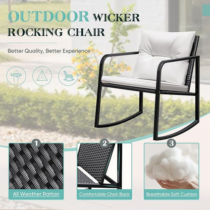 Greesum 3 Pieces Rocking Wicker Bistro Set, Patio Outdoor Furniture Conversation Sets with Porch Chairs and Glass Coffee Table, Beige