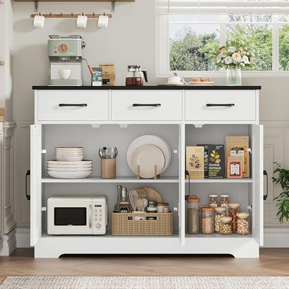 HOSTACK Modern Farmhouse Buffet Sideboard Cabinet, Barn Doors Storage Cabinet with Drawers and Shelves, Wood Coffee Bar with Storage for Dining Room, Kitchen, Living Room, White/Black