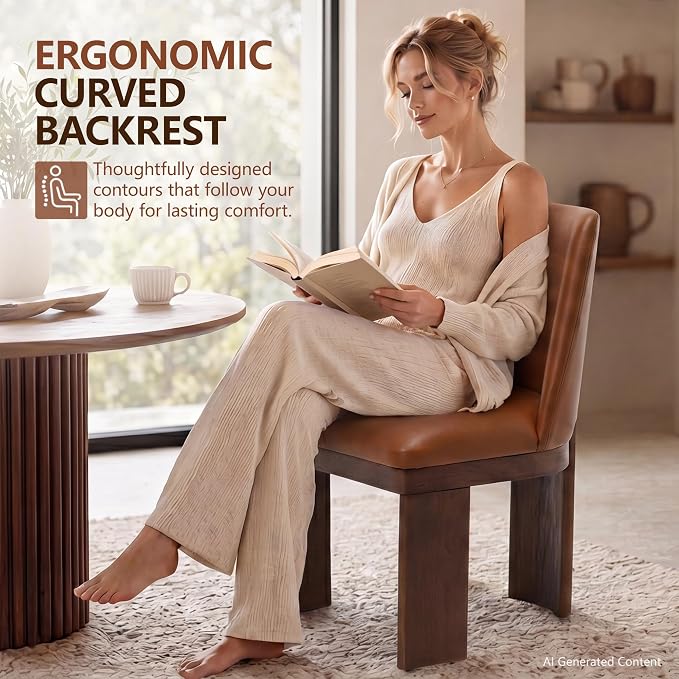 RIVOVA Upholstered Dining Chairs Set of 2, Modern Wooden Dining Room Chair PU Leather Kitchen Chairs Farmhouse Dinner Chair, Brown