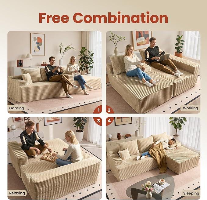 ovios 96" Cloud Sectional Couch with L-Shape Chaise,Modern Modular Sofa with Deep Seat, Upholstered Couches for Living Room Bedroom,No Assembly Required, Beige (Plush Corduroy Fabric)