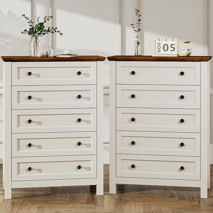 Farmhouse Dresser Nightstand Sets, 2-Piece Bedroom Furniture Set for Home | 5 Drawer Dresser Closet set of 2, Chest of Drawers for Bedroom, Living Room, Entryway, Antique White