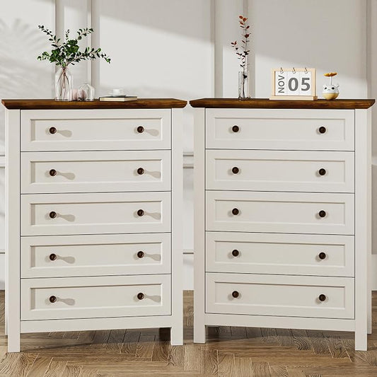 Farmhouse Dresser Nightstand Sets, 2-Piece Bedroom Furniture Set for Home | 5 Drawer Dresser Closet set of 2, Chest of Drawers for Bedroom, Living Room, Entryway, Antique White