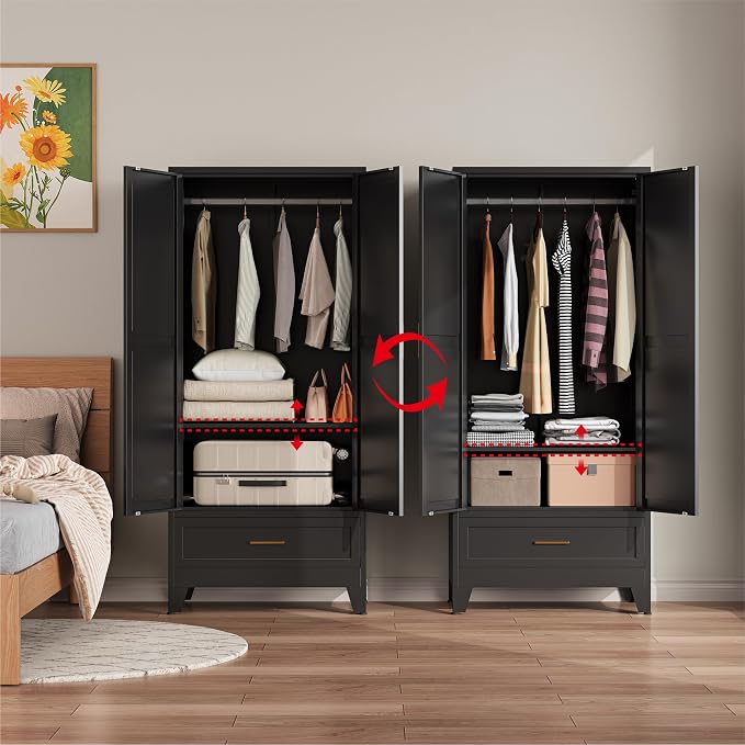 Metal Wardrobe Closet Cabinet with Drawers,71" H Large Bedroom Armoires with Shelves and Hanging Rod,Wardrobe Storage Cabinet with 2 Doors, 1 Adjustable Shelf and Drawers (1Drawer, Black)