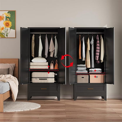 Metal Wardrobe Closet Cabinet with Drawers,71" H Large Bedroom Armoires with Shelves and Hanging Rod,Wardrobe Storage Cabinet with 2 Doors, 1 Adjustable Shelf and Drawers (1Drawer, Black)