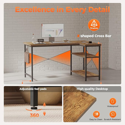 Mericonia Small L Shaped Computer Desk, Reversible Gaming Desk with Storage Shelves, Corner Gamer Desk Table, Study Writing Table