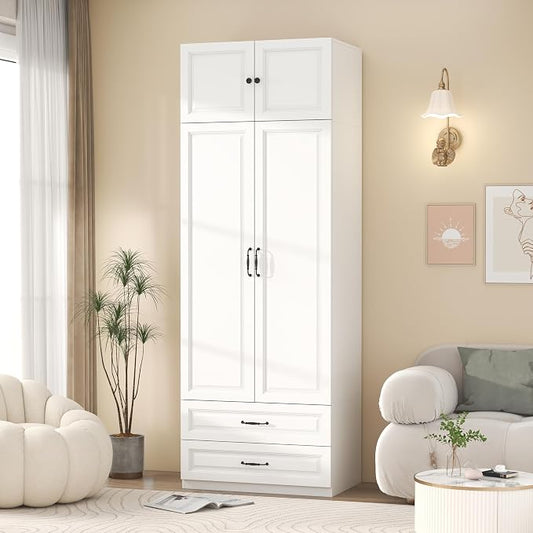 Armoire Wardrobe Closet with 2 Drawers: 88" White Bedroom Closet, Wood Wardrobe Closets with 2 Doors, Tall Armoire Cabinet and Storage Shelves for Clothing (31")