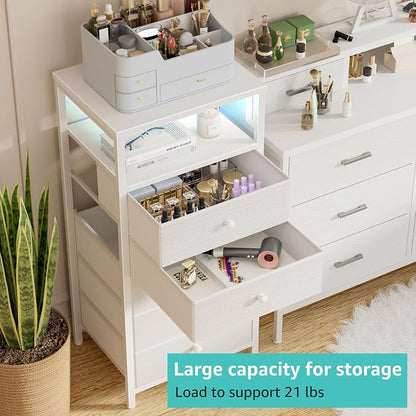 BOLUO White Dresser with 5 Drawers Tall Nightstand with Charging Station and LED Light, Bedside Table Room Storage Drawers Closet