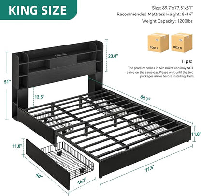 YITAHOME King Size Bed Frame with 51" Tall Bookcase Headboard and 4 Storage Drawers, RGB LED Bed Frame with Type-C & USB Charging Station Headboard Beds, No Box Spring Needed, Noise Free,Antique Black