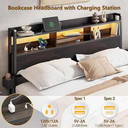 Furnulem King Bed Frame with Wood Headboard & Storage Drawers, Metal Platform Bed Frames King Size with LED Lights, Built in Charging Station, No Box Spring Needed, No Noise, Easy Assembly, Black