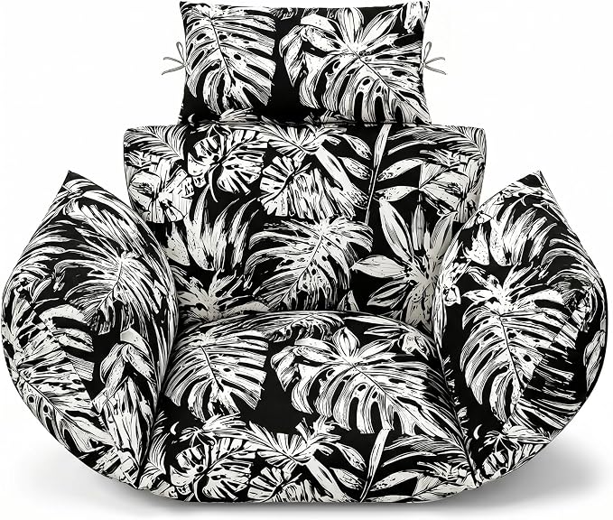 MAGIC ELEPHANT Egg Chair Cushion, Memory Foam Indoor Outdoor Hanging Egg Chair Cushion Replacement, Patio Basket Swing Cushion with Headrest (Black Monstera)