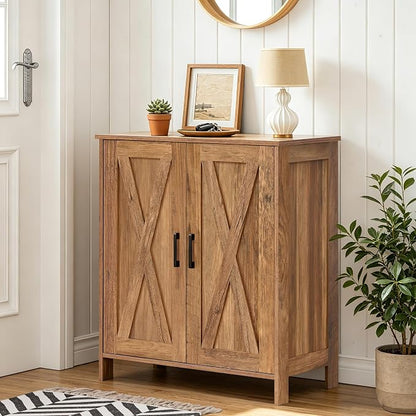 Homleke Farmhouse Shoe Cabinet with 2 Barn Doors & Wood Legs, 5-Tier Shoe Storage Cabinet with 3 Adjustable Shelves, Tall Shoe Rack Organizer for Closet, Shoe Organizer for Entryway, Rustic Walnut