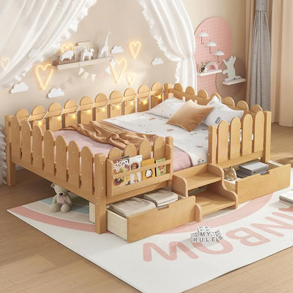 Bellemave Full Size Montessori Bed with Stairs, Lights, Rails and Slats, Full Size Montessori Floor Bed with Bookshelf and 2 Storage Drawers, Easy Assemble Beds Frame for Girls, Boys, Light Natural