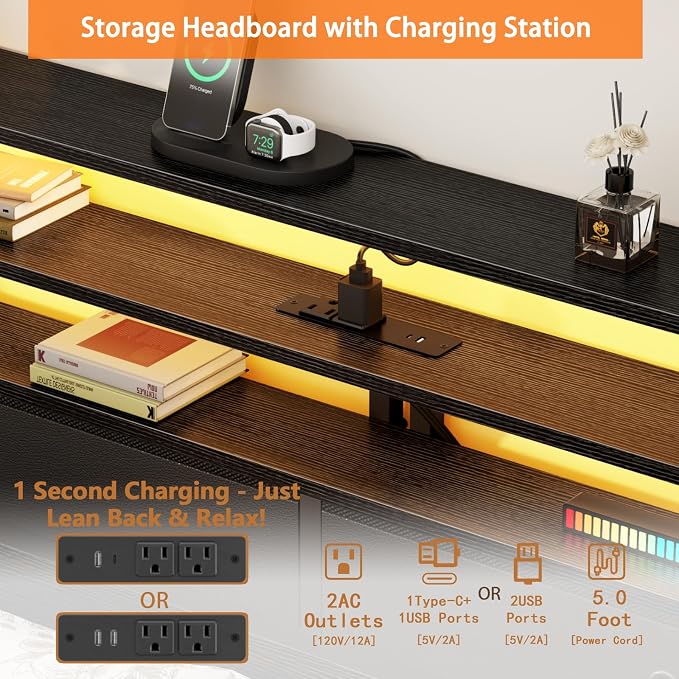 Furnulem Queen Bed Frame with Headboard & 2 Fabric Drawers, Queen Platform Bed Featuring LED Lights, 3-Tier Storage Shelves Built-in Charging Station, Metal Slats, No Box Spring Needed, Easy Assembly