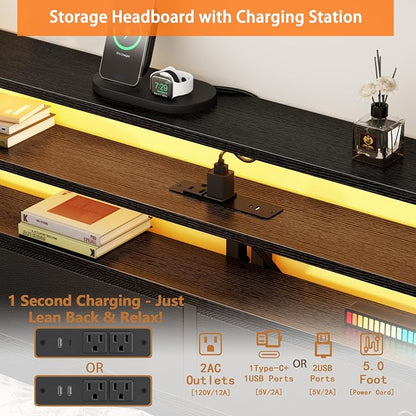 Furnulem Queen Bed Frame with Headboard & 2 Fabric Drawers, Queen Platform Bed Featuring LED Lights, 3-Tier Storage Shelves Built-in Charging Station, Metal Slats, No Box Spring Needed, Easy Assembly