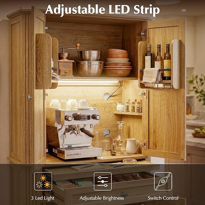 72.2" Tall Kitchen Pantry Cabinet with Doors, Farmhouse Storage Cabinet with Charging Station & LED Light, Drawer, Adjustable Shelves and Pull-Out Shelves, Oak Wood Pantry Cupboard for Dining Room
