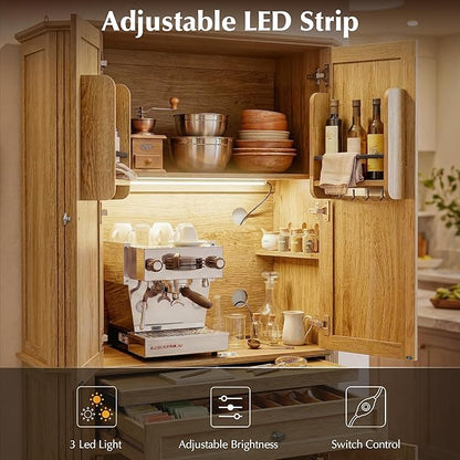 72.2" Tall Kitchen Pantry Cabinet with Doors, Farmhouse Storage Cabinet with Charging Station & LED Light, Drawer, Adjustable Shelves and Pull-Out Shelves, Oak Wood Pantry Cupboard for Dining Room