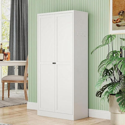 Kitchen Pantry Cabinet, 61" H Storage Cabinet with Doors and Adjustable Shelves, Spacious Cupboard with 2 Handles, Metal Kitchen Cabinet for Dining Room, Living Room, White
