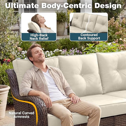 Patio Furniture Set, 10PCS Outdoor Wicker Conversation Set with 6" Thick Cushions, High Back Rattan Sofa & Swivel Rocker Chairs, Weather Resistant Olefin Fabric for Garden, Poolside, Beige