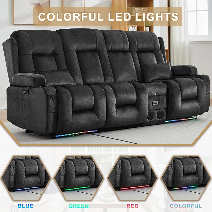 URRED Power Loveseat Recliner Sofa with Massage and Heat, Wall Hugger Reclining Loveseat with Console, RV Couch Home Theater Seating with LED Lights for Living Room (Dark Grey, 89.8" - 3 Seats)
