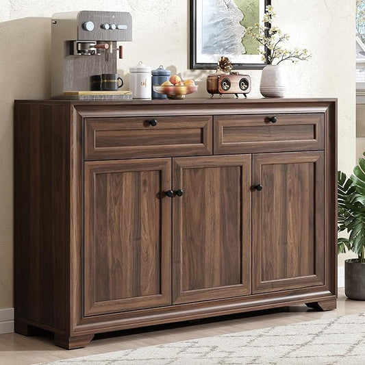 ONBRILL 48 Inches Sideboard Buffet Cabinet with Storage, Farmhouse Sideboard with 2 Drawers and 3 Doors, Wood Coffee Bar Cabinet with Adjustable Shelves for Living Room, Kitchen, Hallway, Brown