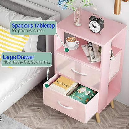 Aenuert Night Stand, Pink Nightstand with 2 Fabric Drawers, Wooden Side Table with Open Storage, 3-Tier Modern End Table, Bedside Table for Small Space, Living Room, Bedroom