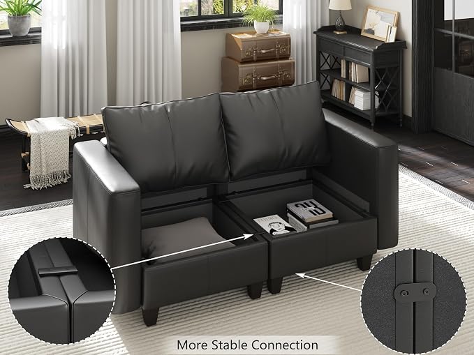 EASE MOOSE Faux Leather Sectional Sleeper Couch with Storage, Faux Leather Modular Sofa Bed Couch