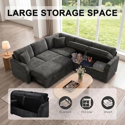 ROCANT 82 inch Modular Sectional Couch with Pull Out Bed, 5-Seat L-Shaped Chenille Sleeper Sofa with Reversible Chaise and 2 Pillows, Black