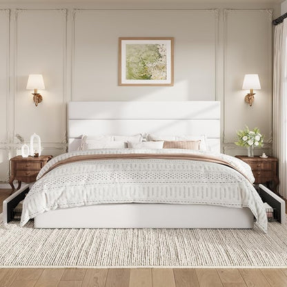 SHA CERLIN King Size Platform Bed Frame with 4 Storage Drawers, Velvet Upholstered Headboard, Mattress Foundation with Wooden Slats Support, No Box Spring Needed, Easy Assembly, White