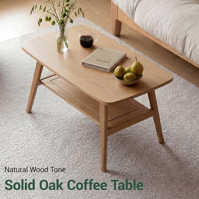 Small Coffee Table for Living Room, 2-Tier Mid Century Modern Small Tables with Shelf Storage, Storage Coffee Table with Rounded Corners (Solid Oak Wood Log Color, 31.5'' L)