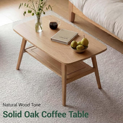 Small Coffee Table for Living Room, 2-Tier Mid Century Modern Small Tables with Shelf Storage, Storage Coffee Table with Rounded Corners (Solid Oak Wood Log Color, 31.5'' L)