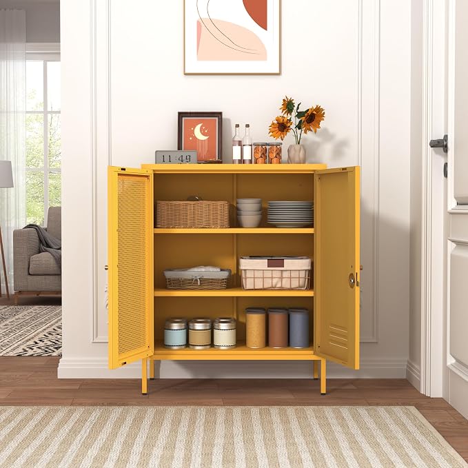 Locking Steel Storage Cabinet Shoe Cabinet for Living Room Bathroom Kitchen Left Wire Mesh Door Right Iron Door Yellow Size：33" H x 29.5" W x 13.8" D