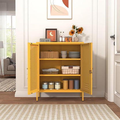 Locking Steel Storage Cabinet Shoe Cabinet for Living Room Bathroom Kitchen Left Wire Mesh Door Right Iron Door Yellow Size：33" H x 29.5" W x 13.8" D