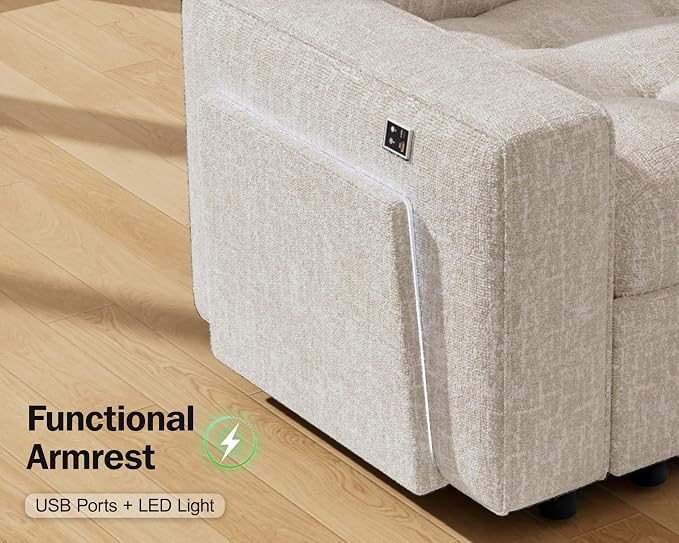 Vipbear 7 Seat L Shaped Modular Sectional Sleeper Sofa Bed with Ottoman/Pull Out Bed/Reclining Backrest/USB Ports/Table/LED Light/Storage Seat, Tool-Free Assembly, Chenille Beige