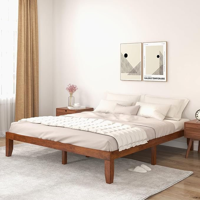 COSTWAY Wood Platform Bed Frame, 14 Inches Solid Rubber Wood Bed Mattress Foundation with Sturdy Slats Support, Easy Assembly Bed Frame for Home Hotel, No Box Spring Needed (Walnut, King)