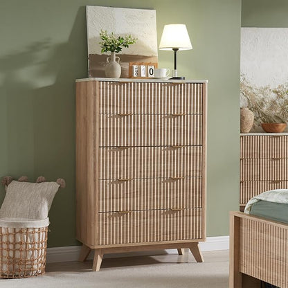 T4TREAM Fluted 5 Drawers Dresser, 48" Tall Modern Chest of Drawers with Faux Marble Top, Curved Profile Design, Wood Drawer Organizer for Bedroom, Living Room, Hallway, Entryway, Natural Oak