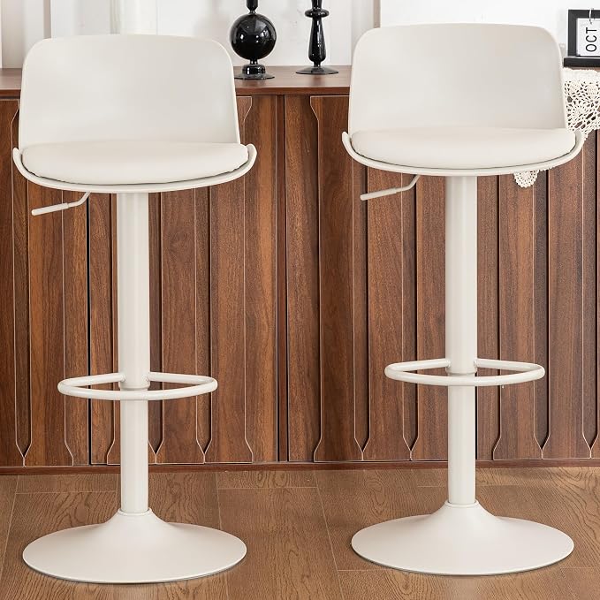 Kidol & Shellder Bar Stools Set of 2 Cream Adjustable Swivel Counter Height Stools, Modern PU Leather Upholstered with Back Solid Color Barstools for Kitchen Island
