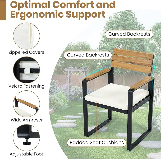 Quarte 6-Piece Outdoor Dining Set with 1 Acacia Wood Table and 4 Chairs & 1 Bench, Adjustable Feet for Patio, Garden, Backyard Family Meals BBQ Parties (Beige-AA)