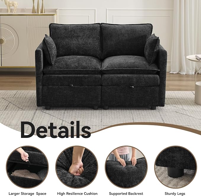 55" Modular Loveseat Sofa with Storage, Upholstered Cloud Sofa Small Love Seat Couch, Modern Sectional Comfy 2 Seater Chenille Couch with Armrests for Living Room, Small Space, Black