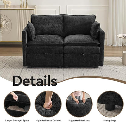 55" Modular Loveseat Sofa with Storage, Upholstered Cloud Sofa Small Love Seat Couch, Modern Sectional Comfy 2 Seater Chenille Couch with Armrests for Living Room, Small Space, Black