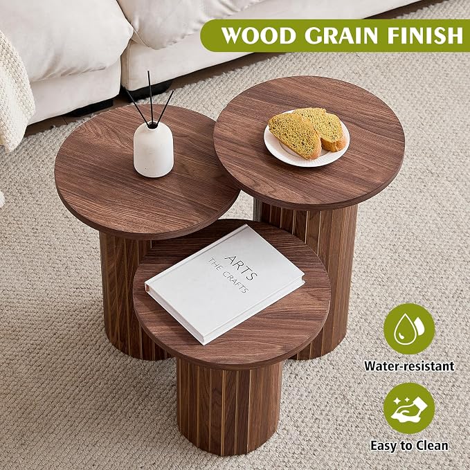 Round Side Tables Set of 3, Circle Modern Fluted Nesting Coffee Table, Accent End Table Set for Living Room and Bedroom, Brown