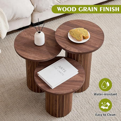 Round Side Tables Set of 3, Circle Modern Fluted Nesting Coffee Table, Accent End Table Set for Living Room and Bedroom, Brown