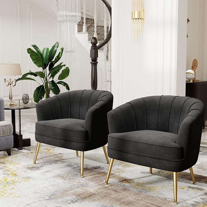 Andeworld Velvet Accent Chair, Upholstered Modern Single Sofa Side Chair,Comfy Barrel Club Living Room Armchair with Golden Metal Legs for Bedroom Living Reading Room Office, Black