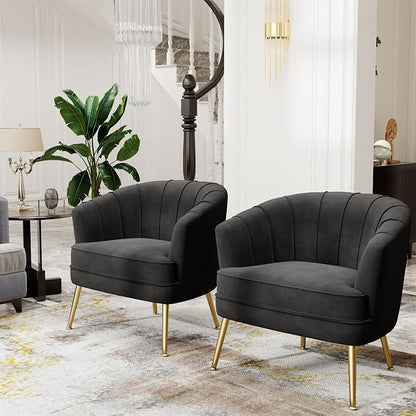 Andeworld Velvet Accent Chair, Upholstered Modern Single Sofa Side Chair,Comfy Barrel Club Living Room Armchair with Golden Metal Legs for Bedroom Living Reading Room Office, Black