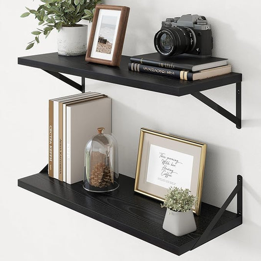Axeman Deep Floating Shelves - 30 Inch Black Floating Shelves Set of 2-12 Inch Deep Wood Wall Shelves for Living Room Bathroom Kitchen